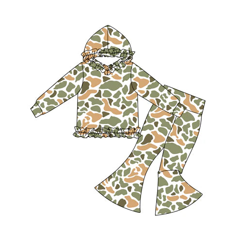 11.3 GLP3080 Baby Girls Green Orange Camo Ruffle Hoodies Bell Bottom Pants Southern Clothes Sets Preorder