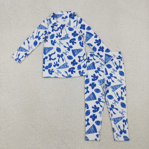 10.25 GLP2761 Baby Girls Blue Bows Footballs Go Teams Pockets Zip Pullovers Leggings Team Yoga Set