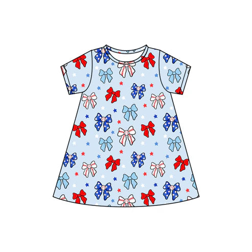 4.21 GSD2480 Baby Girls Short Sleeves Blue Red Bows Stars 4th Of July Knee Length Dresses Preorder