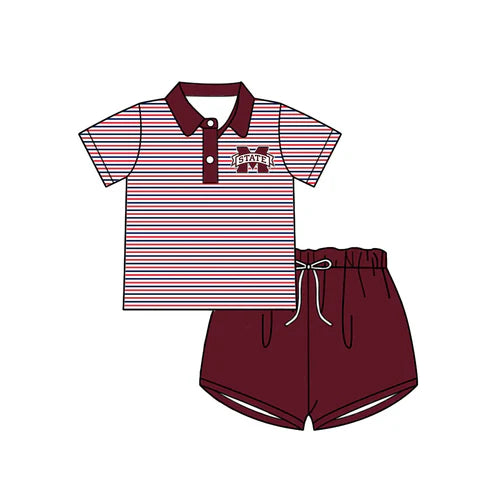 6.21 Custom Moq 3 Baby Boys Short Sleeves Dark Red Stripes Button State M Top Shorts Team Set