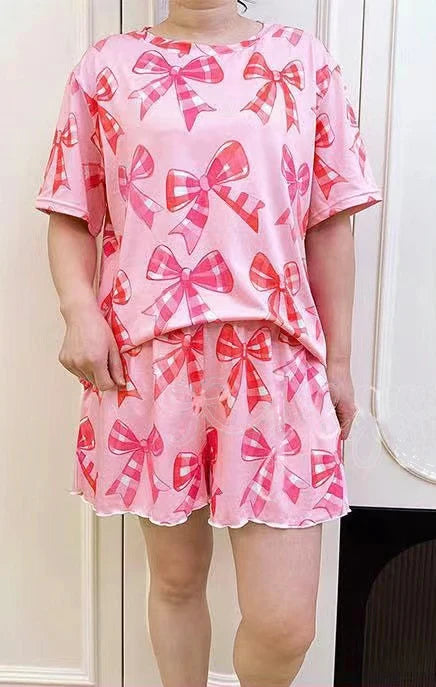 4.15 GSSO2527 Adult Women Pink Short Sleeves Bows Top Short Pajamas Set Preorder