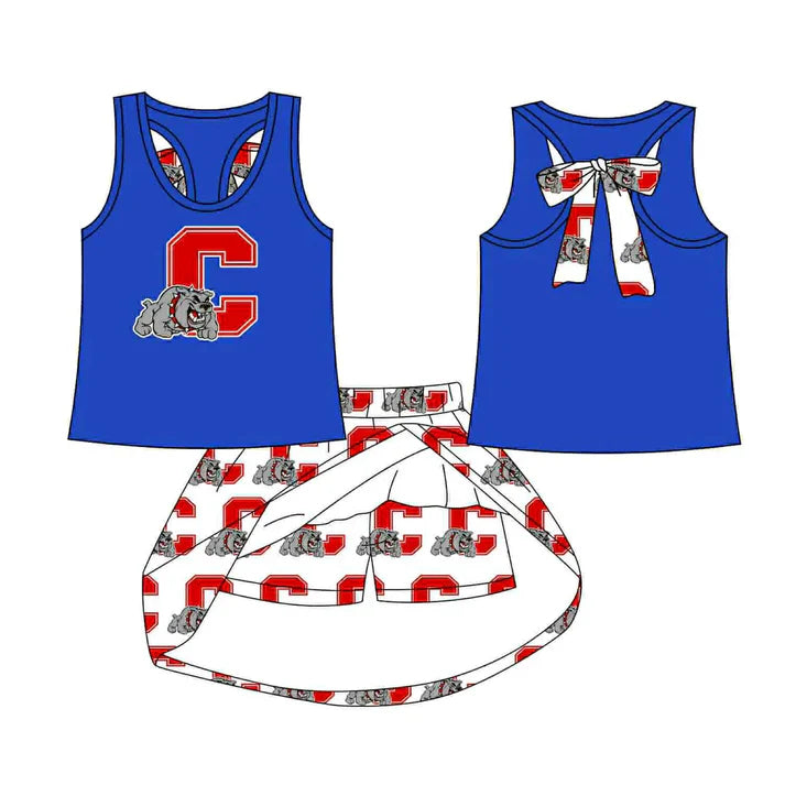 8.19 Custom Moq 5 Baby Girls Blue C Dog bow vest team Top Skirt Skort Sets