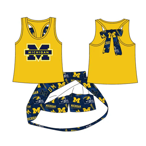 4.30  Custom Baby Girls Yellow Sleeveless Michigan Top Skort Set (MOQ 3)