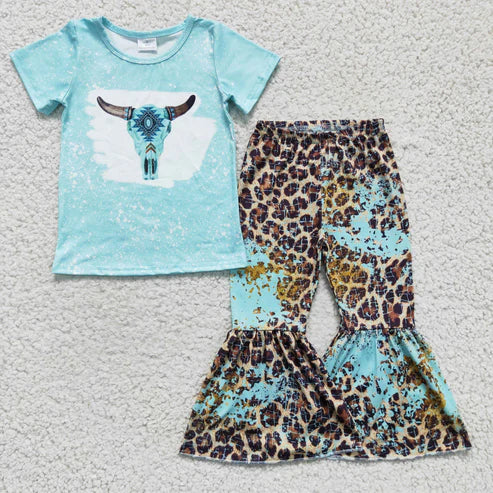 4.22 RTS NO MOQ GSPO0248 Kids Clothing Girls Short Sleeve Top And Long Pants Cow Print