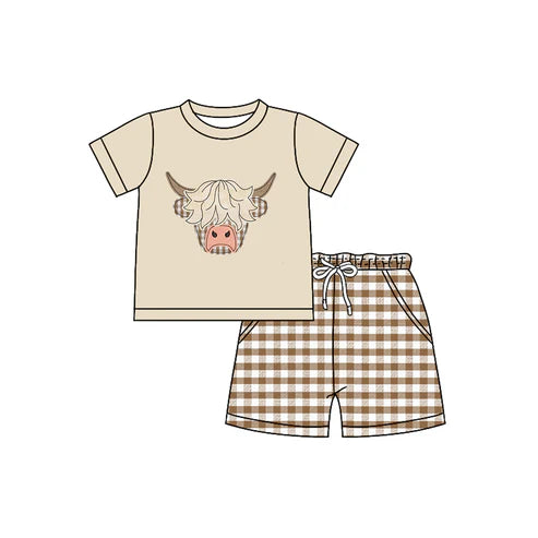 6.14 BSSO1536 Baby Girls Khaki Short Sleeves Highland Cows Top Pockets Plaid Short Set Preorder
