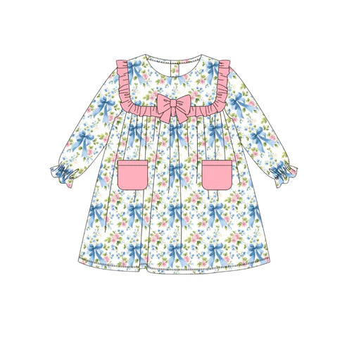 10.21 GLD1375 Baby Girls Bows Floral Pockets Knee Length Dresses Preorder