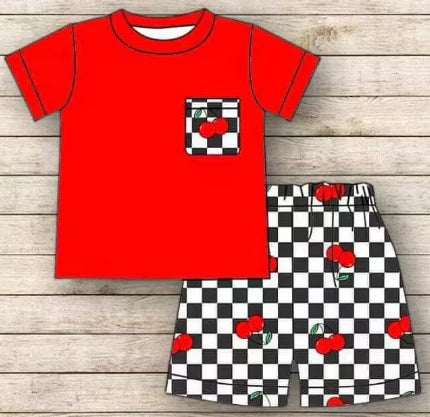 5.12 Boys red pocket short-sleeved top black and white checked shorts suit