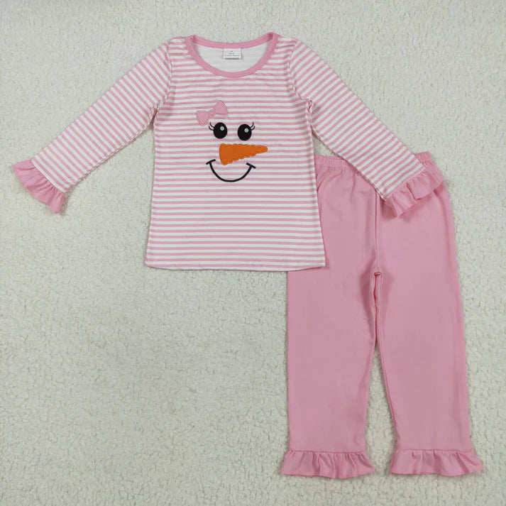 8.15 GLP2520 Embroidery Baby Girls Pink Stripe Long Ruffle Sleeves Bow Snowman Top Pant Pajamas Set