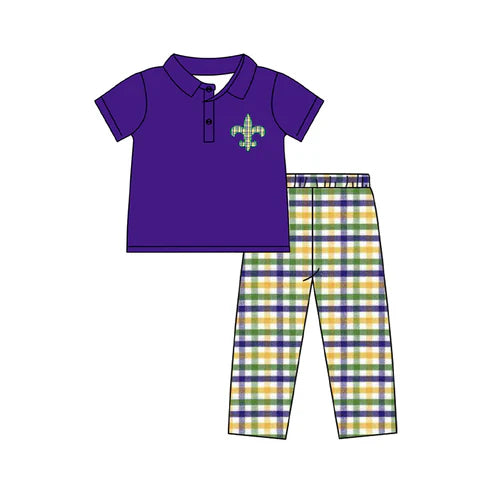 9.30 BSPO0594 Baby Boys Purple Button Anchor Top Checked Pants Mardigras Clothes Sets Preorder