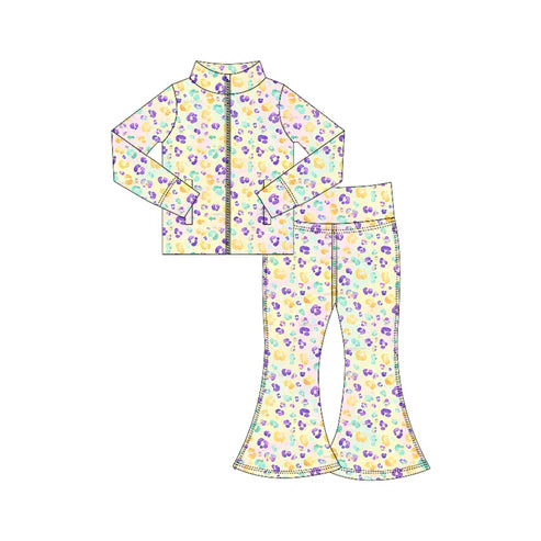 10.28 GLP3030 Baby Girls Mardigras Leopard Zipper Jacket Bell Bottom Pants Yoga Clothes Sets Preorder