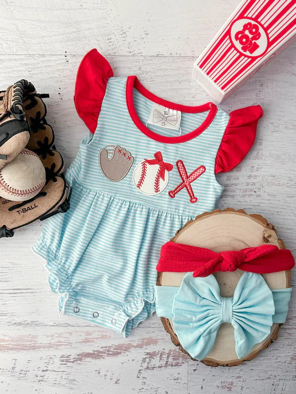 3.15 SR2892 Baby Infant Girls Baseball Flutter Sleeve Rompers preorder