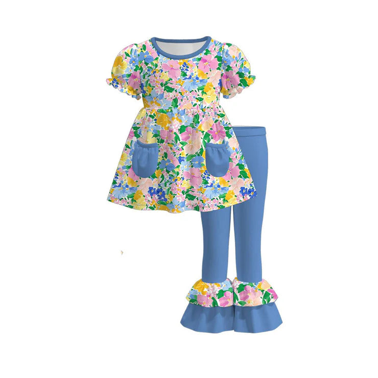 12.2 MOQ:5pcs GSPO2221 pre-order toddler girl clothes blue print girl spring set