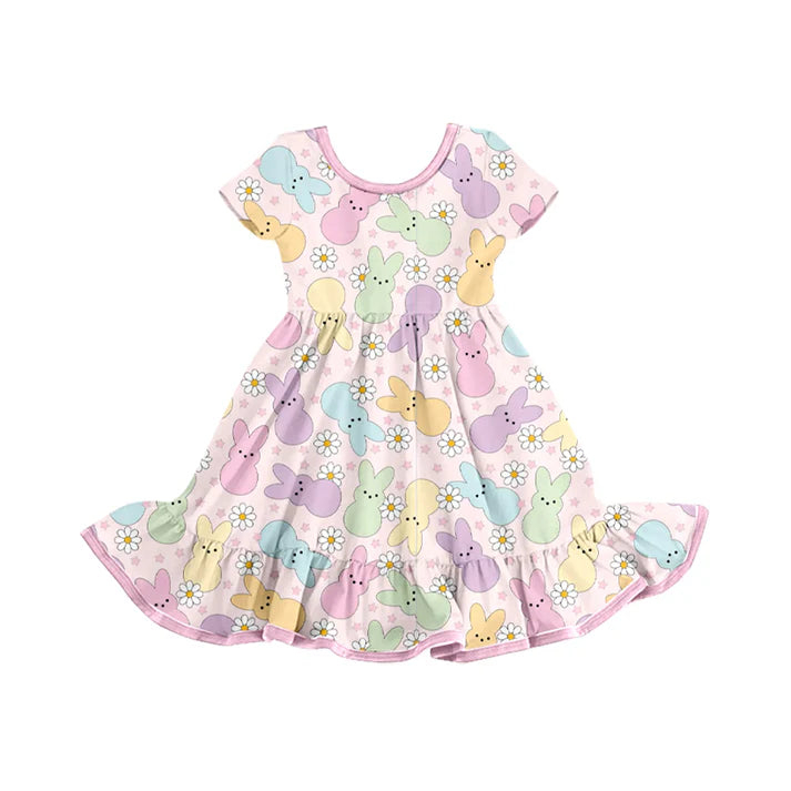 9.27 GSD2826 Baby Girls Colorful Rabbits Flowers Ruffle Easter Knee Length Dresses Preorder