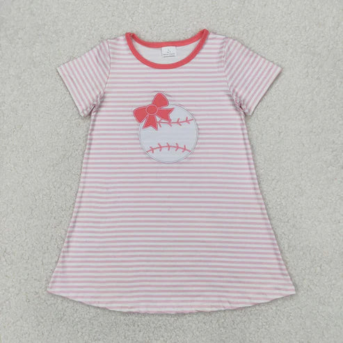 4.4  GSD2221 Baby Girls Pink Stripe Short Sleeves Bows Baseball Knee Length Dress