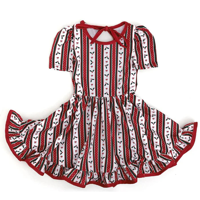 6.12 GSD2612 Baby Girls Short Sleeves Red Black Bows Stripes Ruffle Knee Length Dresses Preorder