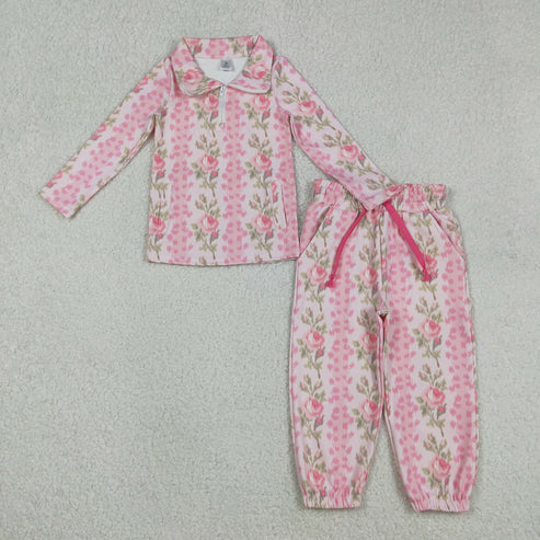 12.8 GLP2940 Baby Girls Pink Flowers Stripe Pockets Zipper Pullovers Jogger Pants Yoga Clothes Set