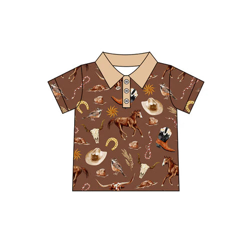 4.23 BT1230 Baby Boys Brown Short Sleeves Button Hats Horses Polo Shirts Top Preorder