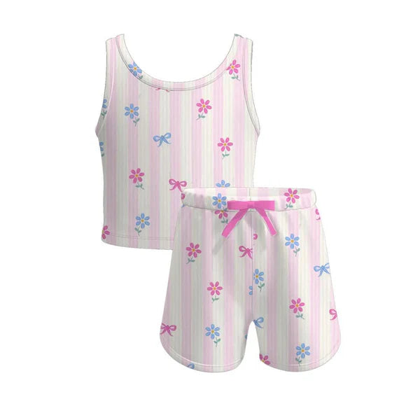 4.4 GSSO2476 Baby Girls Pink Stripe Sleeveless Bows Flowers Set Preorder