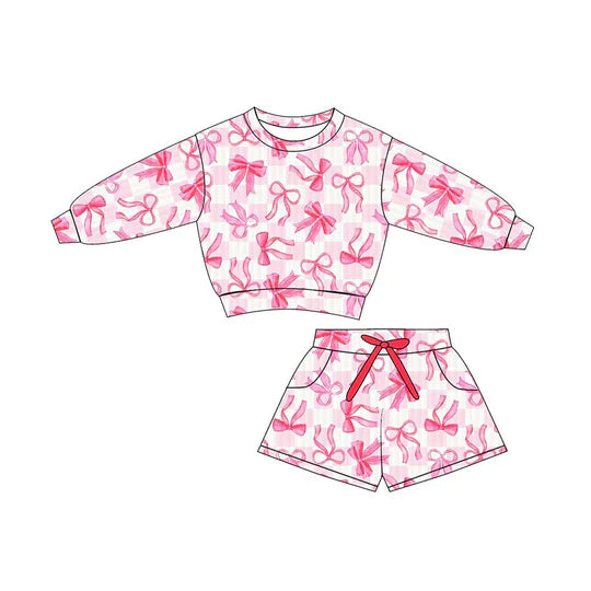 12.9 MOQ:5pcs GLS0075 pre-order toddler girl clothes pink bows print girl summer set
