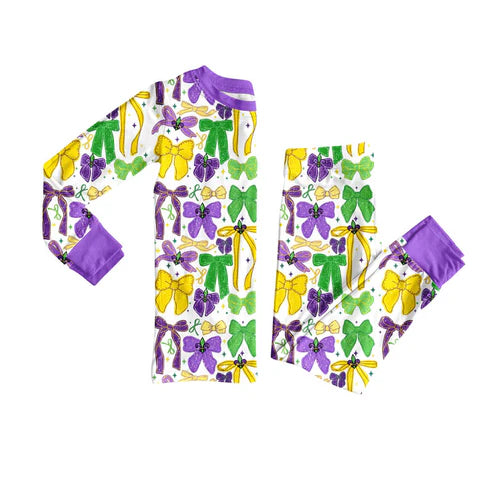 9.19 GLP2857 Baby Girls Green Yellow Purple Bows Top Pants Mardi Gras Pajamas Sets Preorder