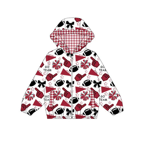 10.15 Custom Moq 8 Baby Girls Red Black Football Team Zipper Bows Hoodies Tops