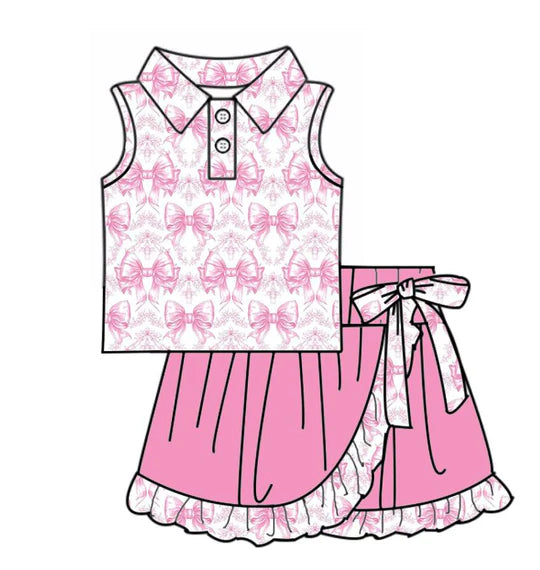 12.24 MOQ:5pcs GSD3474 pre-order toddler girl clothes bows print girl yoga summer skirt set