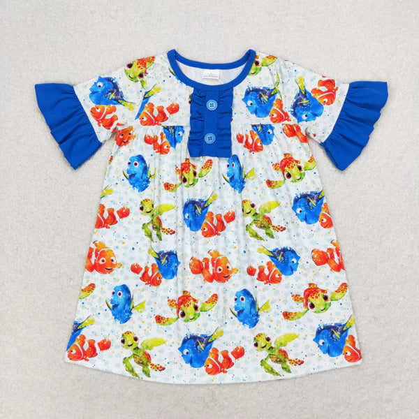 L-3.6GSD1312 Cartoon turtle Fish blue lace short-sleeved dress