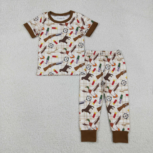12.19 BSPO0634 Baby Boys Khaki Checked Dogs Ducks Top Pants Hunting Pajamas Set