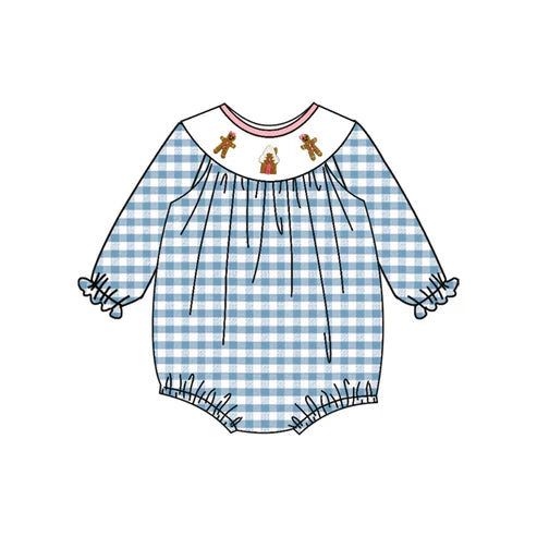 3.29 LR2186 Baby Infant Girls Blue Plaid Long Ruffle Sleeves Gingerbread Smocked Rompers Preorder