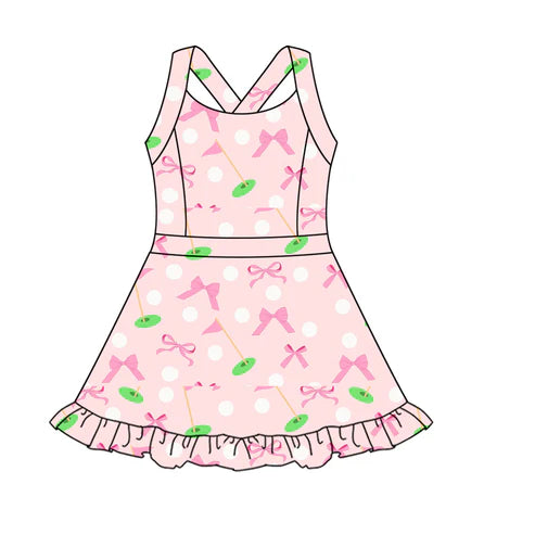 5.23 GSD2568 Baby Girls Strap Pink Bows Golf Flags Activity Wear Yoga Knee Length Dresses Preorder