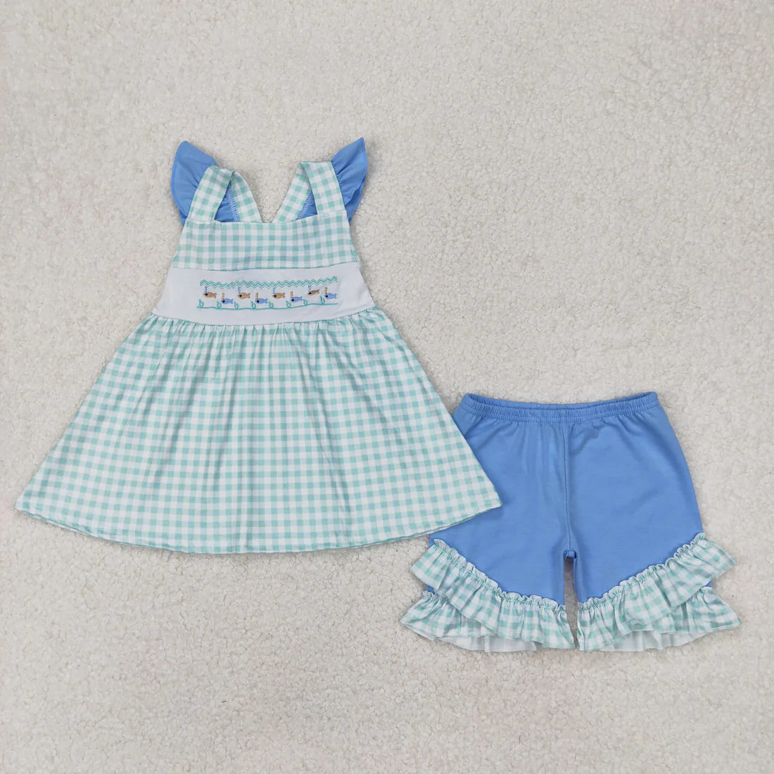 3.26 GSSO2148 Baby Girls Green Fishes Straps Tunic Top Ruffle Shorts Clothes Set