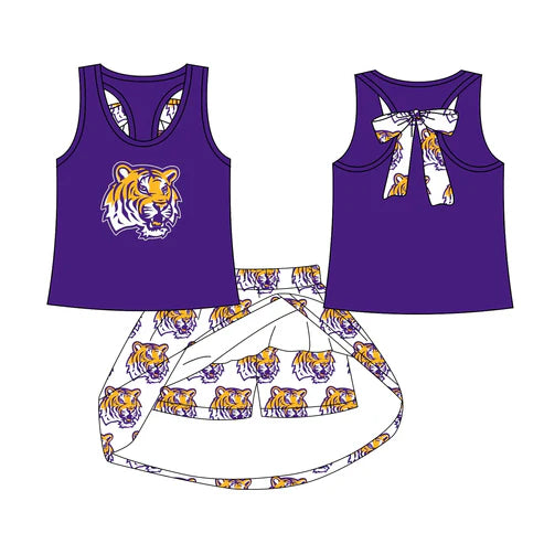 8.1 Custom Moq 5 Baby Girls LSU Tiger bow vest team Top Skirt Skort Sets