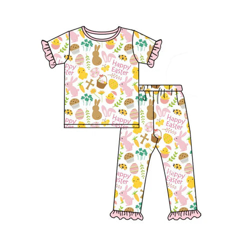 9.30 GSPO2092 Baby Girls Flowers Rabbits Eggs Ruffle Pants Happy Easter Pajamas Sets Preorder