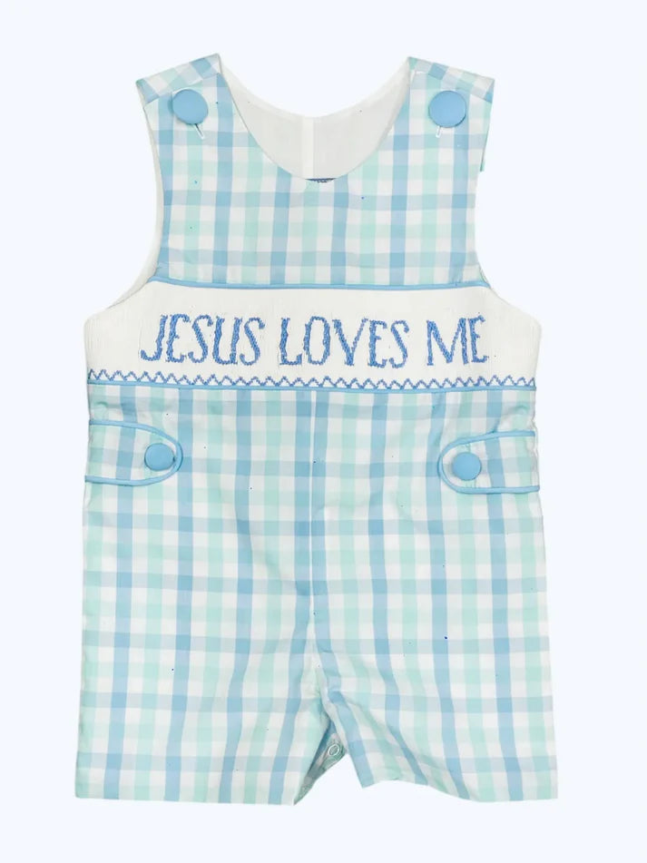3.23 SR2943 Baby Infant Boys Sleeveless JESUS LOVES ME Blue Plaid Rompers Preorder