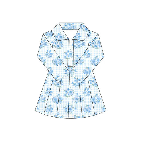 6.5 GLD1103 Baby Girls Long Sleeves Blue Flowers Plaid Zipper Knee Length Dresses Preorder
