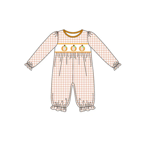 7.28 LR2458 Baby Girls Long Ruffle Sleeves Plaid Pumpkins Pant Rompers Preorder