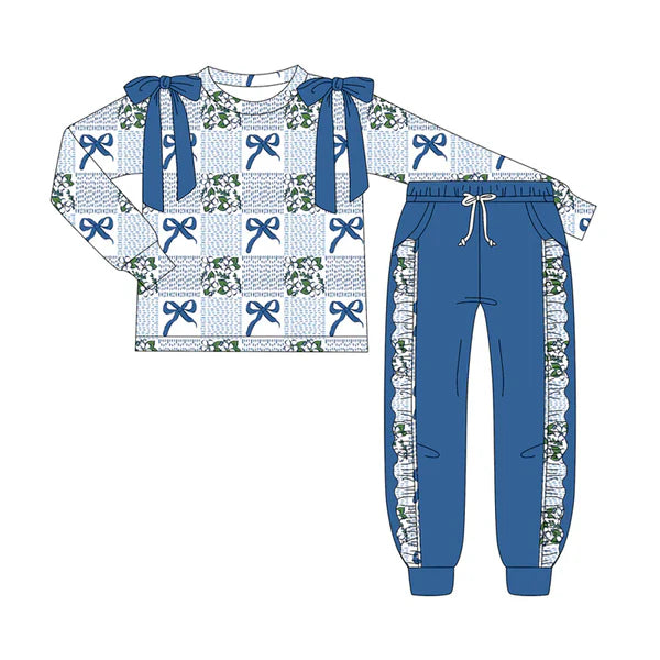 7.10 Custom Moq 3 Baby Girls Long Sleeves Blue Bows Plaid Top Pockets Pant Clothes Set