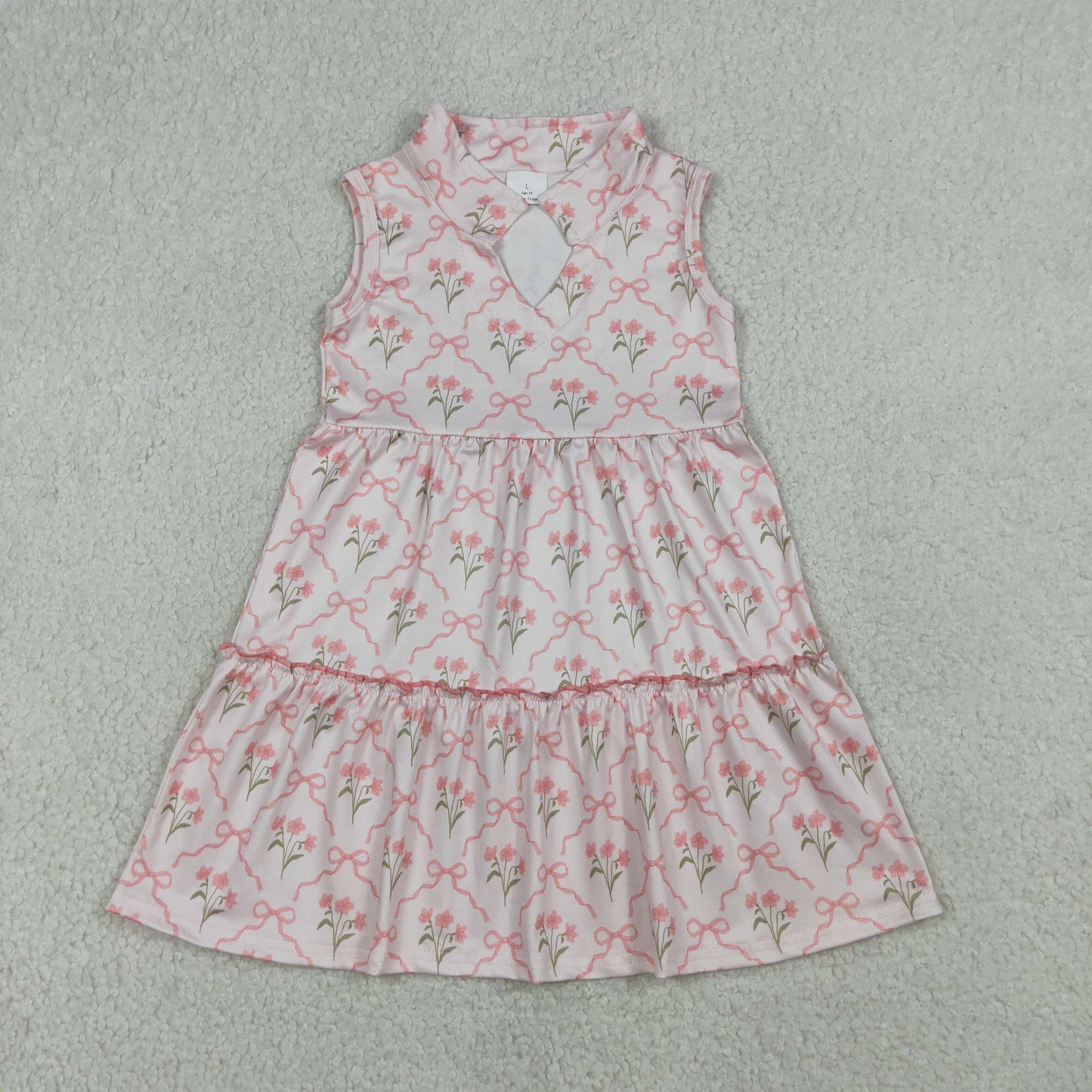 GSD3678 Kids Baby Girl Sleeveless Pink Bow Flowers Checked Patchwork Knee Length Dress