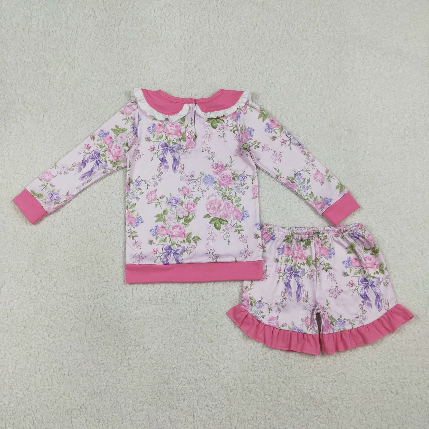 RTS NO MOQ(In Stock) GLS0082 Floral and Leaf Rose Red Lace Peter Pan Collar Long Sleeve Shorts Set
