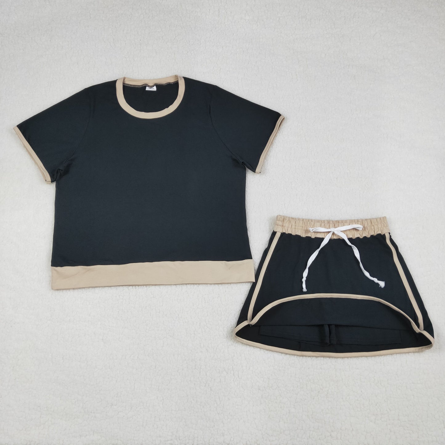 GSD3954 Adult Women Black Short Sleeve Shirt Top Skirt Shorts Clothes Set