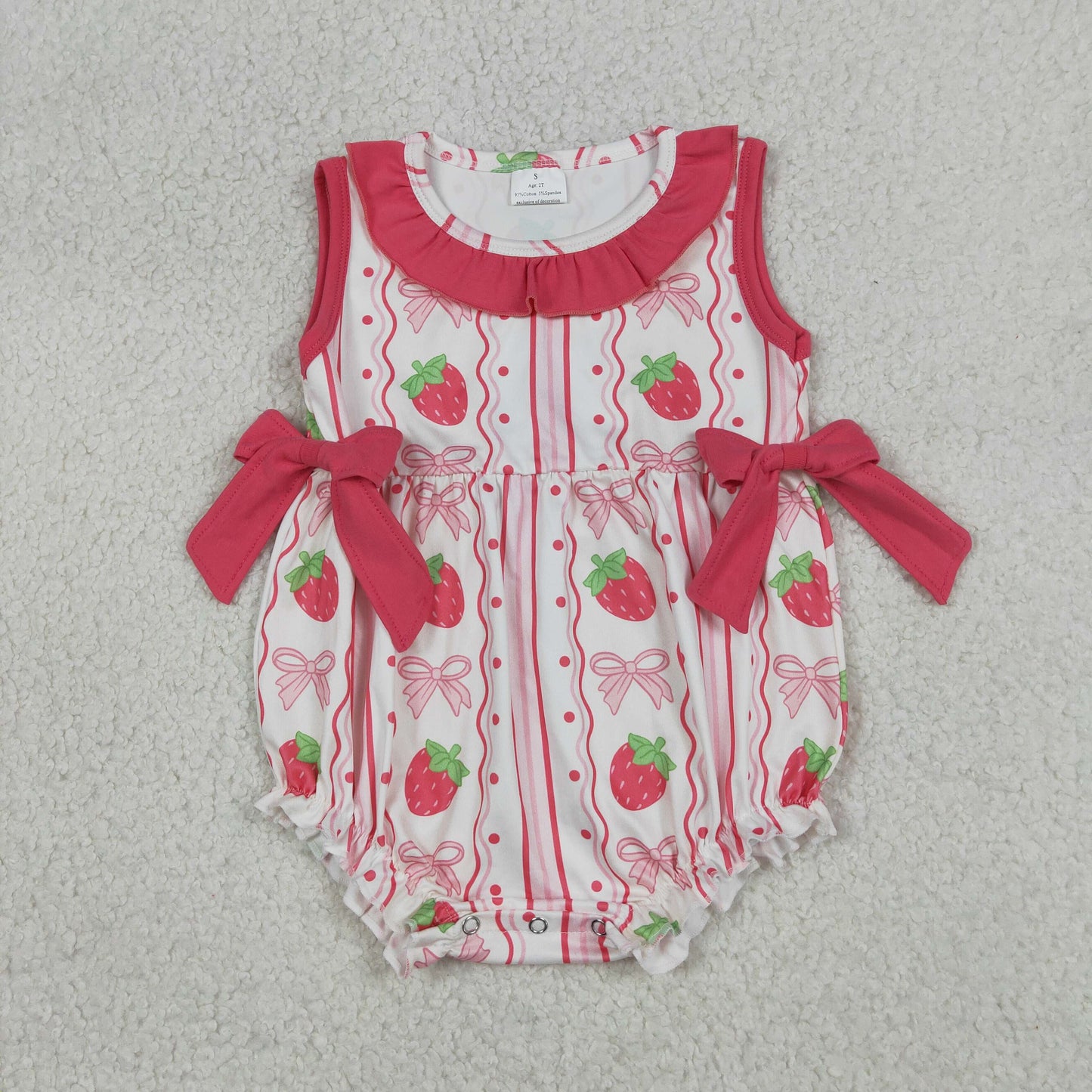SR4011 Newborn Baby Girls Sleeveless Strawberry Bows Stripe Ruffle Rompers