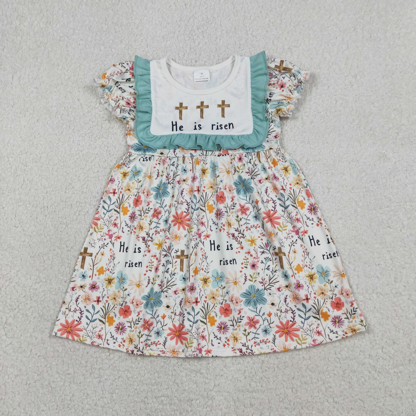 RTS NO MOQ(In Stock) GSD3504 He Is Rised Cross Flower Leaf Blue-Green Lace Short-Sleeve Dress