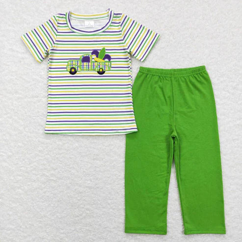 9.16 BSPO0215 Carnival Embroidered Truck Purple Green Yellow Striped Short Sleeve Green Suit