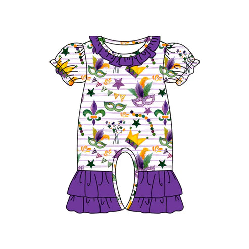 9.23 SR3224 Baby Girls Purple Stripe Anchors Masks Mardigras Ruffle Footie Rompers Preorder