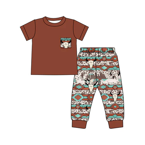 9.20 BSPO0586 Baby Boys Pocket Top Bull Skulls Aztec Legging Pants Western Clothes Sets Preorder