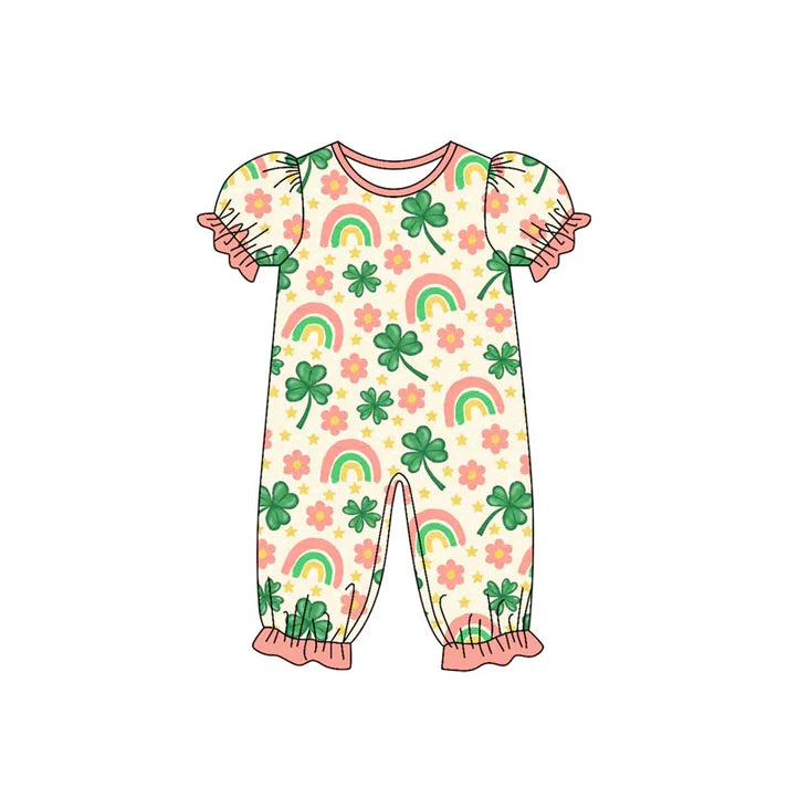9.25 SR3225 Baby Girls Clovers Flowers St Patrick Ruffle Footie Rompers Preorder