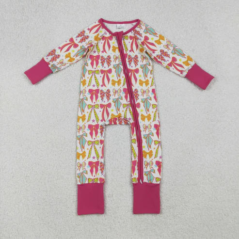 9.16 LR2468 Baby Girls Long Sleeves Colorful Bows Stars Zipper Pant Romper