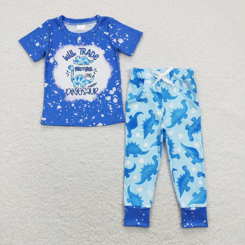 9.15 BSPO0277 Alphabet Dinosaur Love Blue Short Sleeve Pants Suit