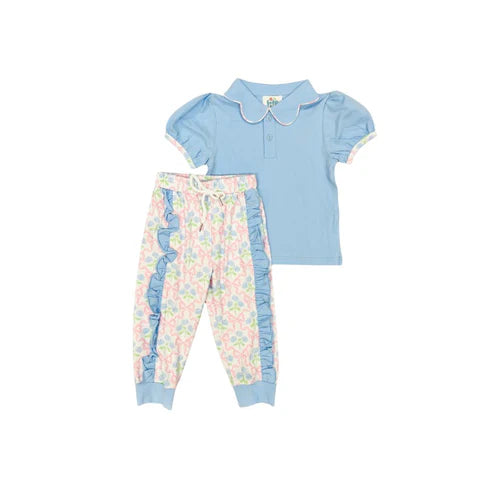 9.22 GSPO2069 Baby Girls Blue Short Ruffle Sleeve Button Shirts Leggings Clothes Set Preorder