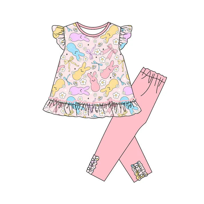 9.25 GSPO2081 Baby Girls Colorful Flowers Rabbits Tunic Legging Pants Easter Clothes Sets Preorder